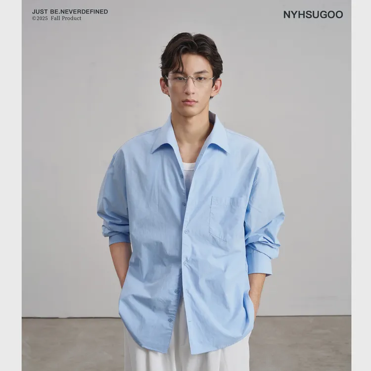 NYHSUGOO/南乙秋季40支100%棉海鸥领衬衫树脂扣配色3901男士衬衣