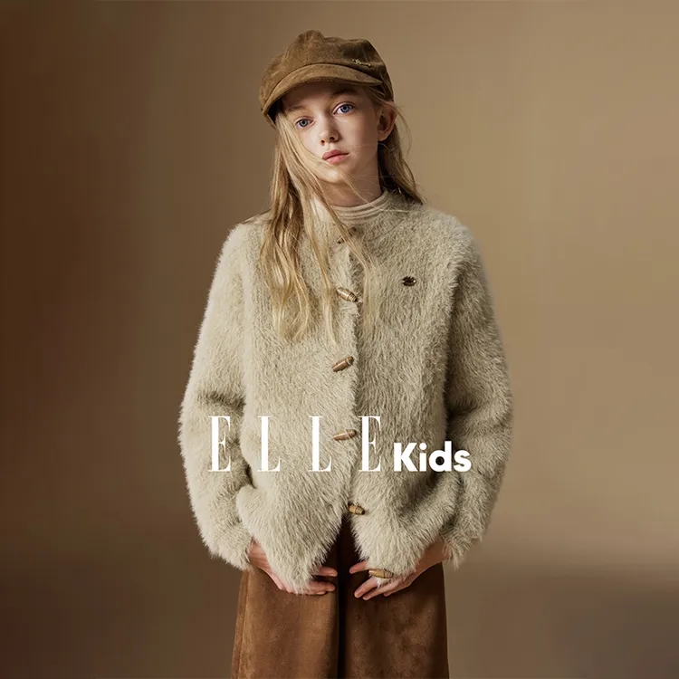 ELLE KIDS童装 仿水貂毛针织开衫女儿童冬季新学院风牛角扣外套D1