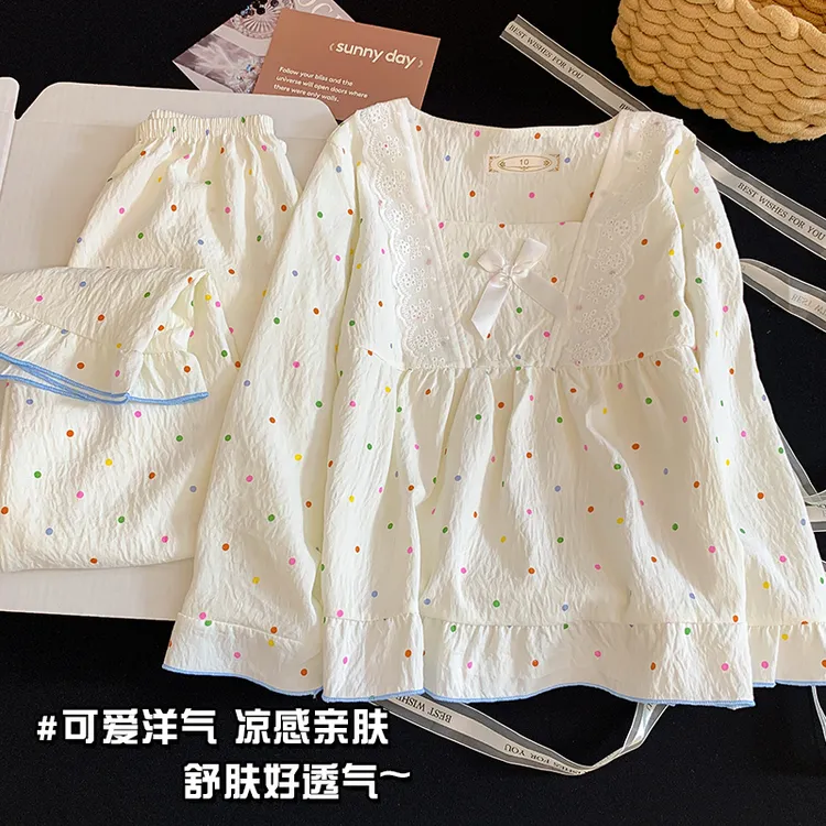 公主风【清新彩点】儿童睡衣套装长袖秋款花边女童透气居服休闲透气
