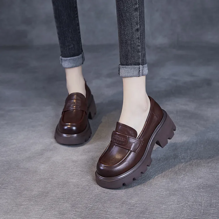 万达撤柜头层牛皮手抓纹乐福鞋女2025春新款厚底轻奢复古百搭休闲