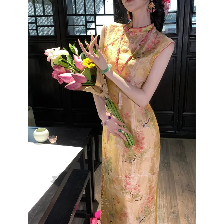 【雅乔定制】金粉世家 人丝新中式水墨写意花卉旗袍裙ZY-204671049