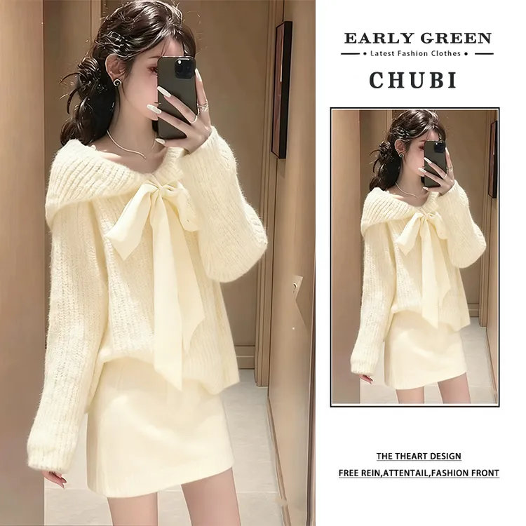 温柔甜美风蝴蝶结一字肩毛衣套装2025冬季新款宽松显瘦针织两件套
