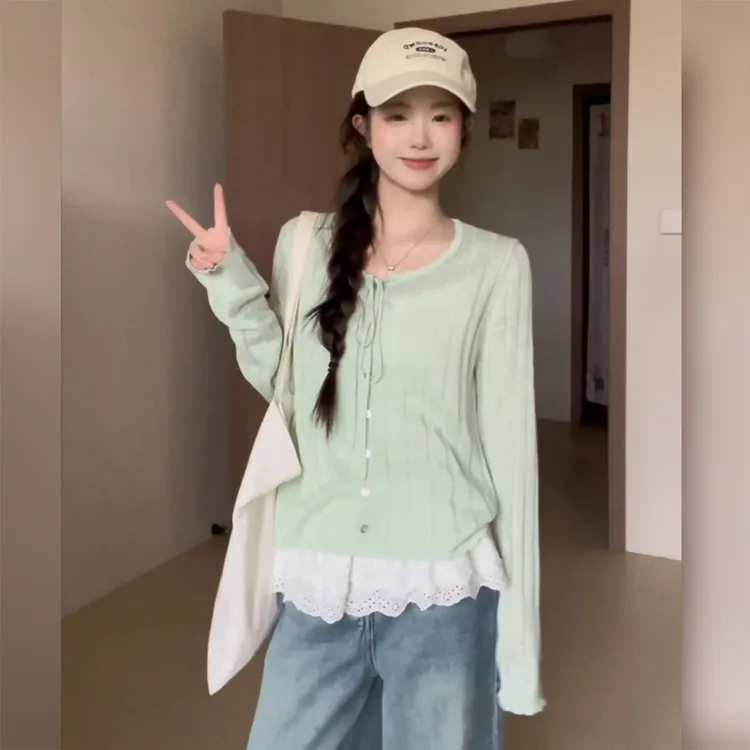 薄荷绿色镂空系带冰丝防晒针织开衫女夏季外搭罩衫薄款多巴胺上衣