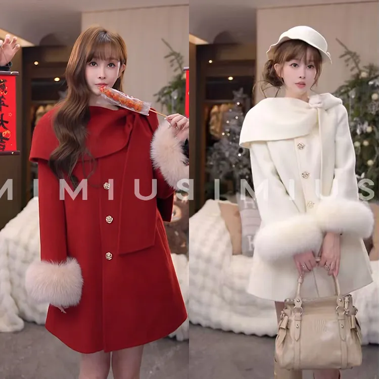 【mimius】P 羊绒羊毛狐狸毛手工双面呢单排扣大衣 G12043