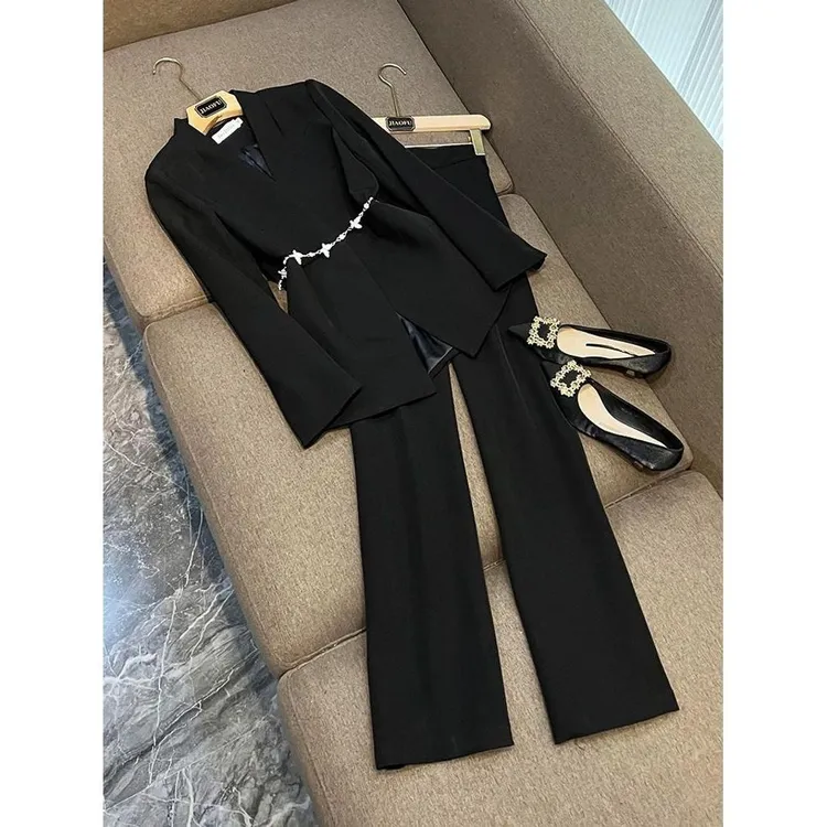 108春黑色V领阔腿裤西装套装女高级感职业正装西服两件套