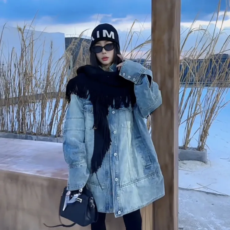 【木棉】复古水洗蓝色牛仔高级感宽松休闲百搭羽绒外套A606-1