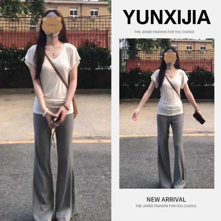 2025休闲收腰慵懒风修身V领短袖t恤高腰微喇修身显瘦卫裤两套装