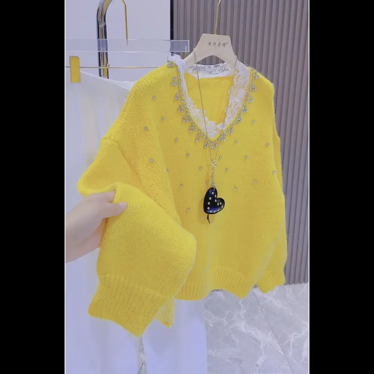 蕾丝花边钉珠V领长袖毛衣上衣女秋冬2025新款