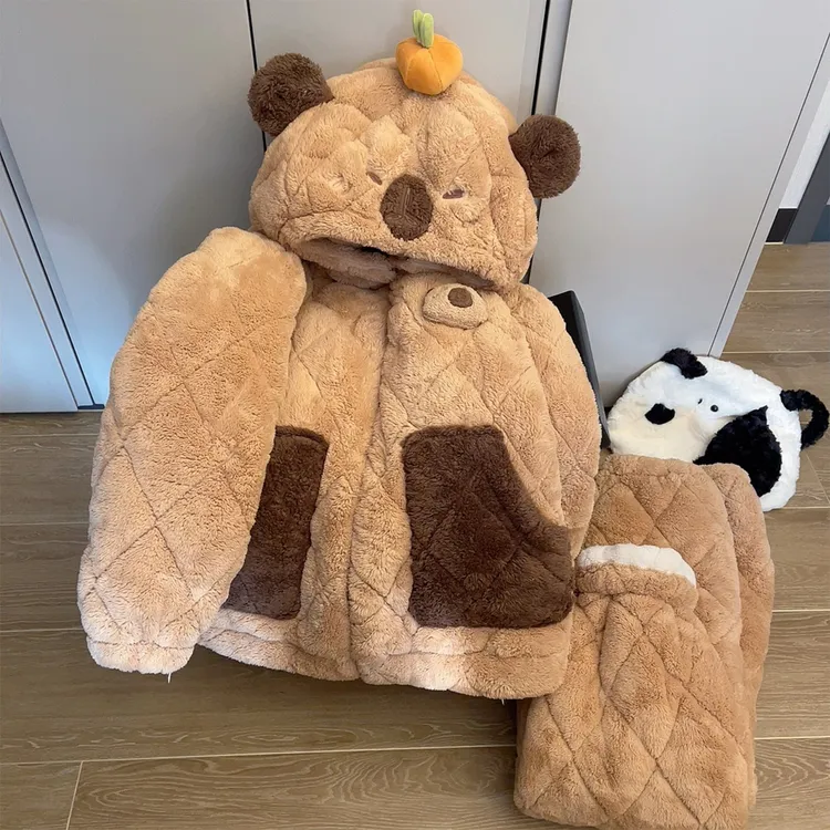 卡皮巴拉情侣睡衣女款秋冬季三层夹棉加厚保暖卡通连帽男士家居服