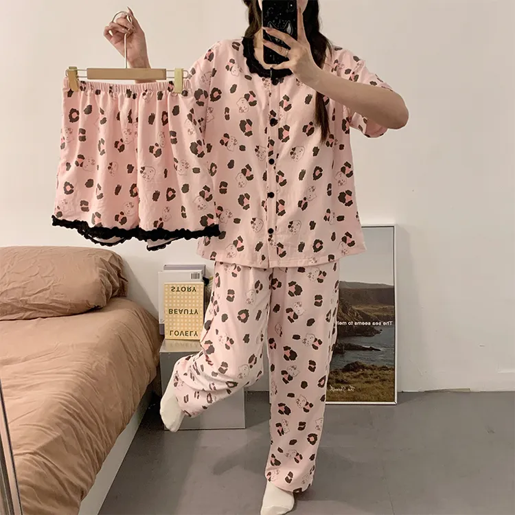 睡衣女春夏季2025新款三件套装短袖甜美高级感女生夏天薄款家居服