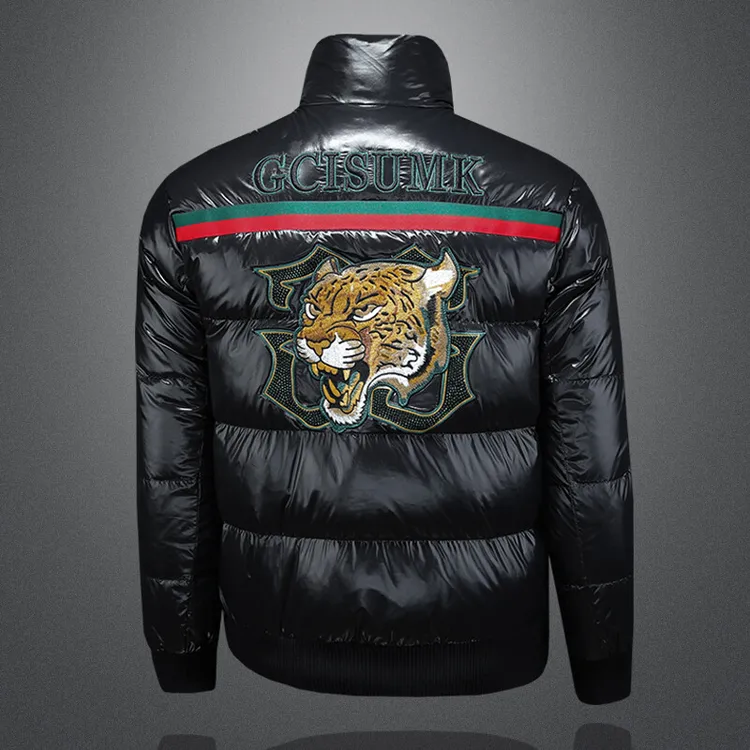 顿奇摩费涅时尚老虎刺绣羽绒服修身立领冬季男士外套加厚潮牌绣花