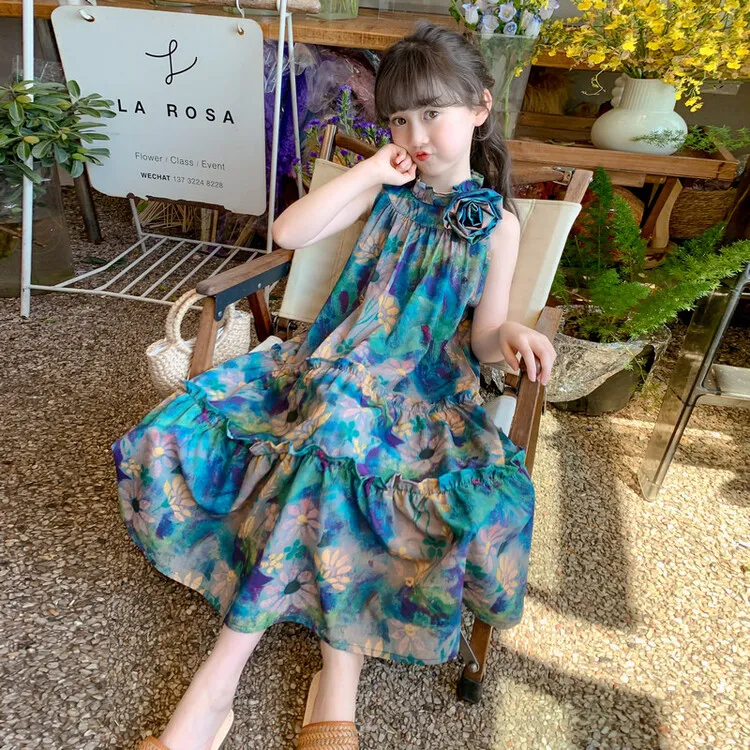 女童夏季无袖连衣裙2025新款儿童6-15岁度假风公主裙女孩洋气长裙