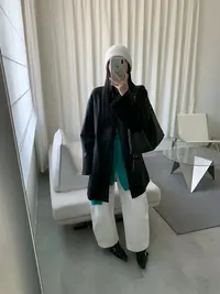 灰灰呀！675 韩代工作室 设计袖子拼接格子宽松百搭中长款皮衣外套