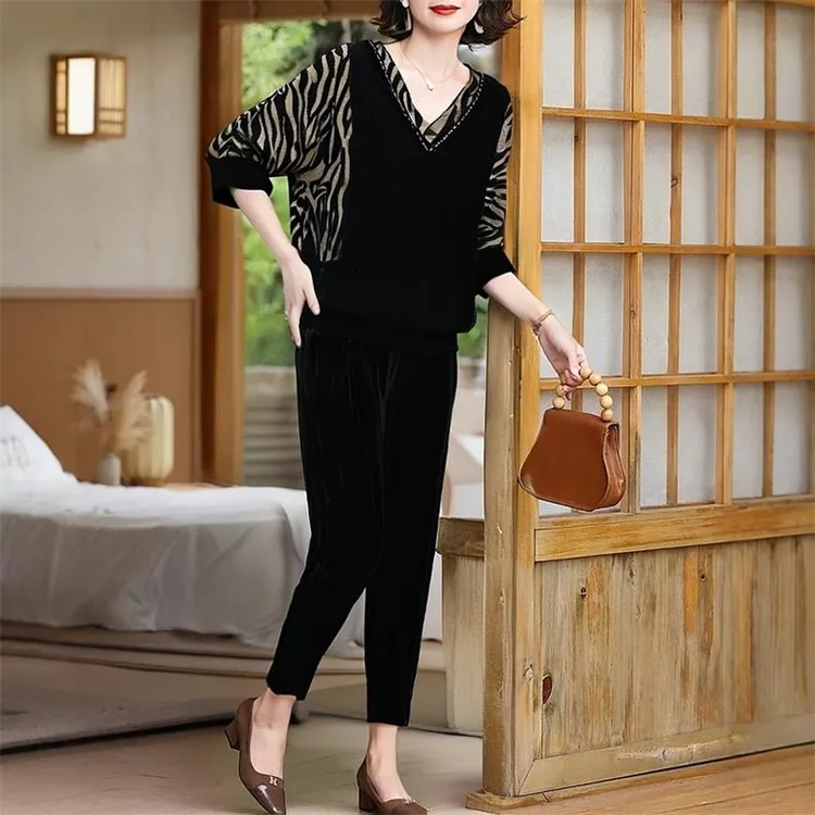 大码中年妈妈装2025春季新款真丝绒上衣宽松插肩袖显瘦洋气女套装