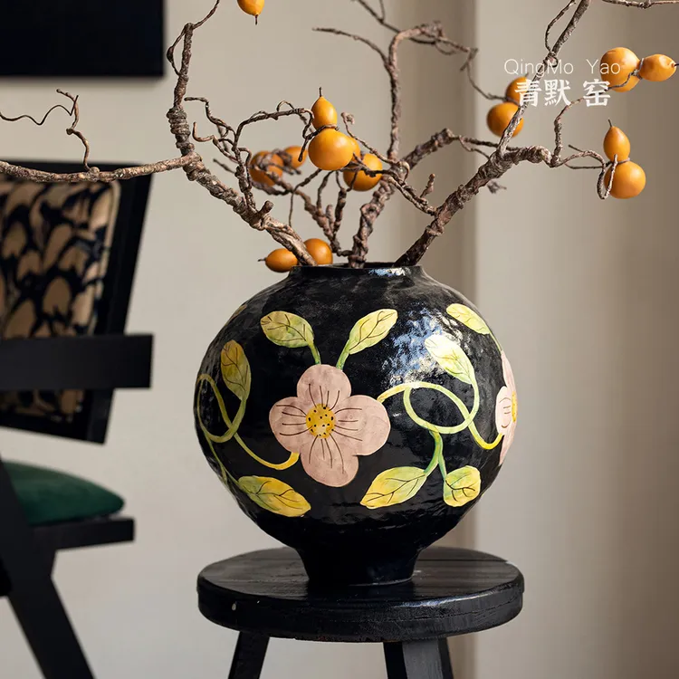 青默窑新中式花朵轻奢花瓶客厅玄关纯手工高级感陶瓷花器台面安渝