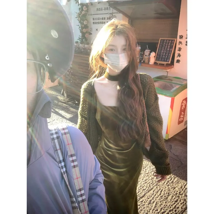 parkyeon秋季新款设计感镂空针织开衫上衣女高质感吊带连衣裙套装