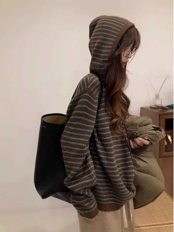 韩版宽松软糯慵懒连帽条纹毛衣外套女2025秋冬百搭休闲外套显瘦