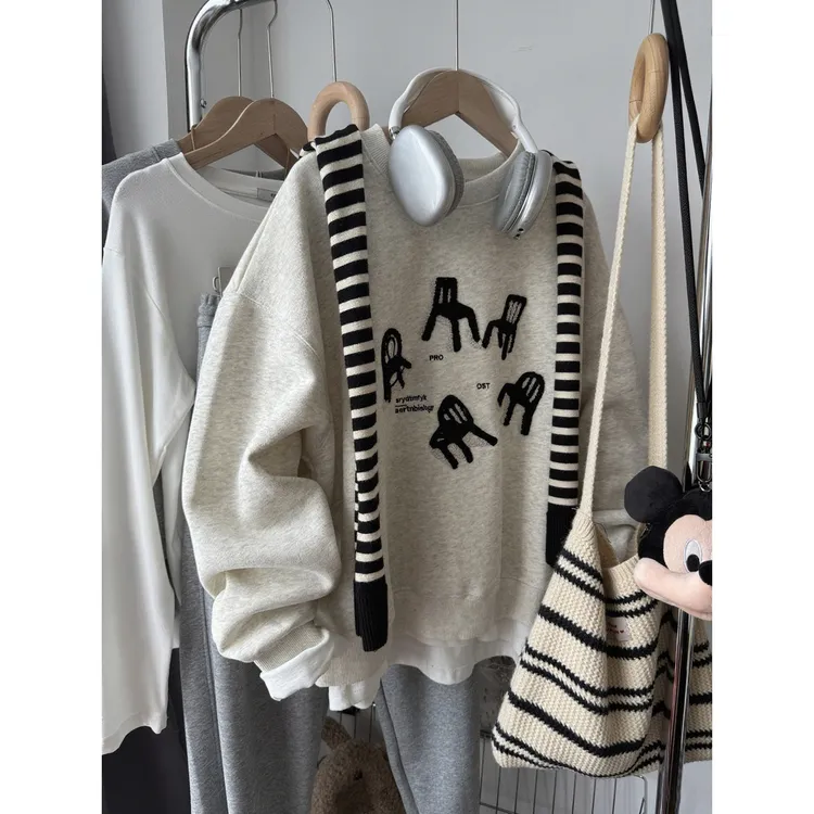 秋冬季韩系植绒刺绣洋气百搭休闲宽松大码胖mm圆领卫衣女新款上衣