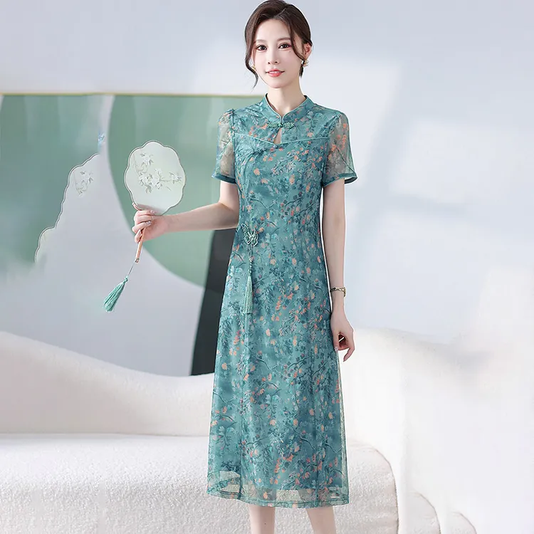 王小鸭2025夏季新款新中式国风连衣裙女气质立领复古中长款盘扣女