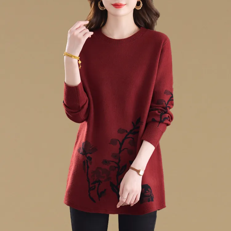 中年妈妈秋冬中长款宽松毛衣女套头大码遮肚子洋气提花针织打底衫