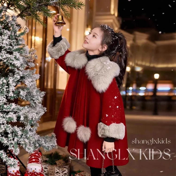 女童夹棉呢大衣冬装新款洋气小女孩新年装服装儿童红色拜年服外套