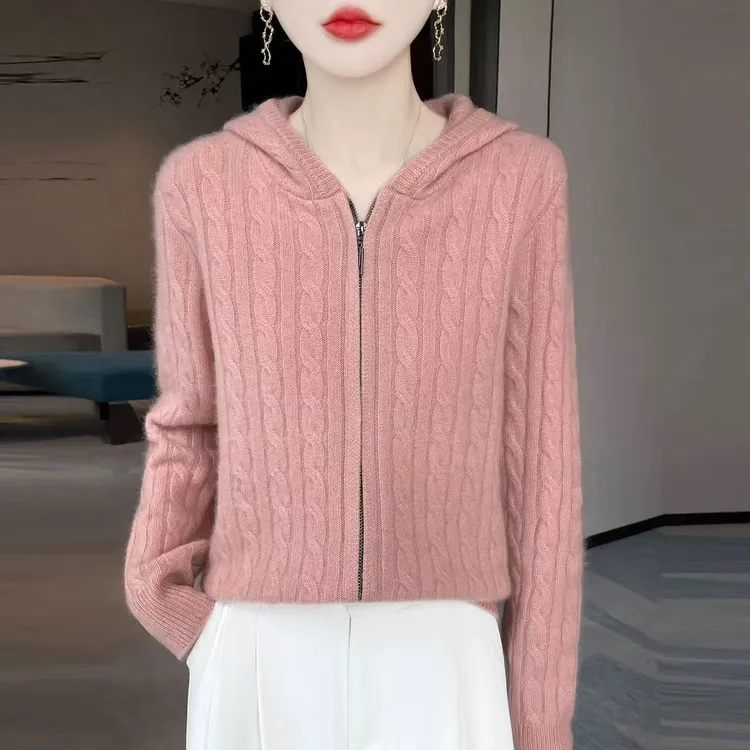 秋冬新款连帽麻花100纯羊绒开衫女拉链毛衣加厚针织羊绒外套
