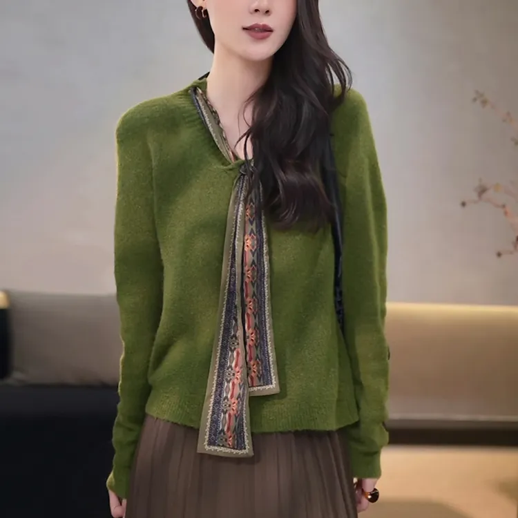 秋冬女绿色V领毛衣慵懒高级感洋气减龄显瘦飘带打底针织衫上衣