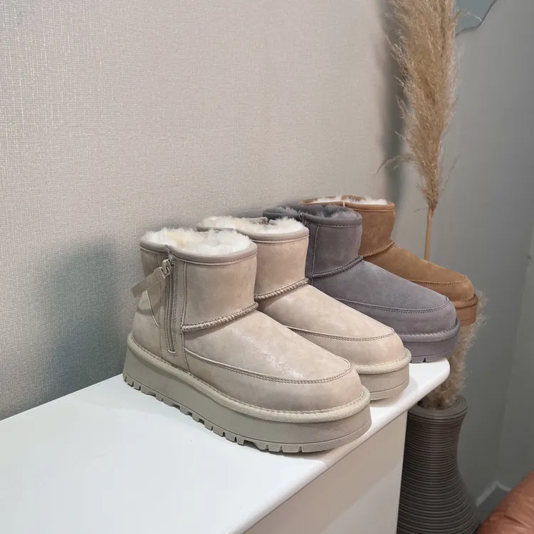 防水防污真皮真毛保暖侧拉链冬季短筒时尚雪地靴女鞋雪地靴