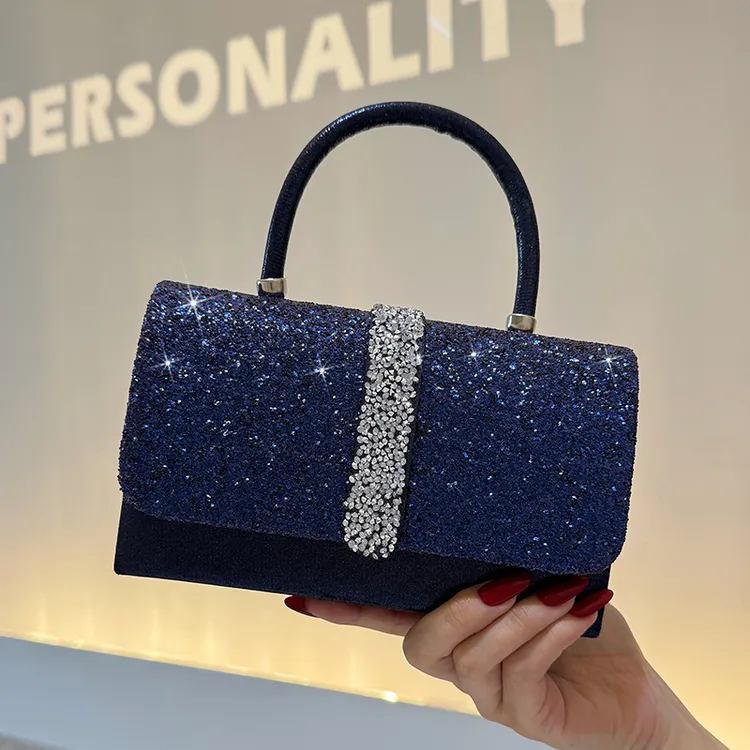 贵气闪亮晚宴包复古派对宝蓝包水钻翻盖百搭手提包洋气高质感女包