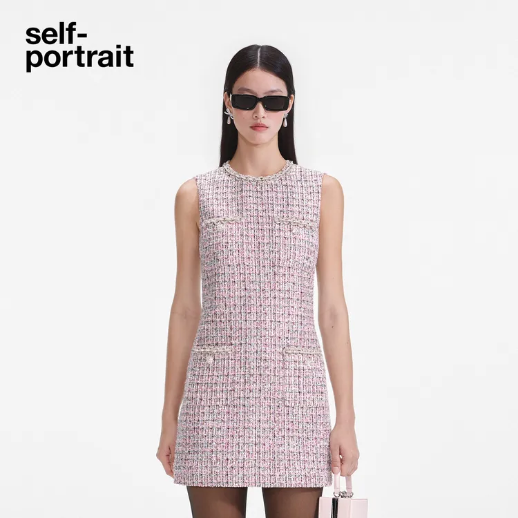 self-portrait 2025秋冬新款红粉混色小香风粗花呢背心连衣裙短裙