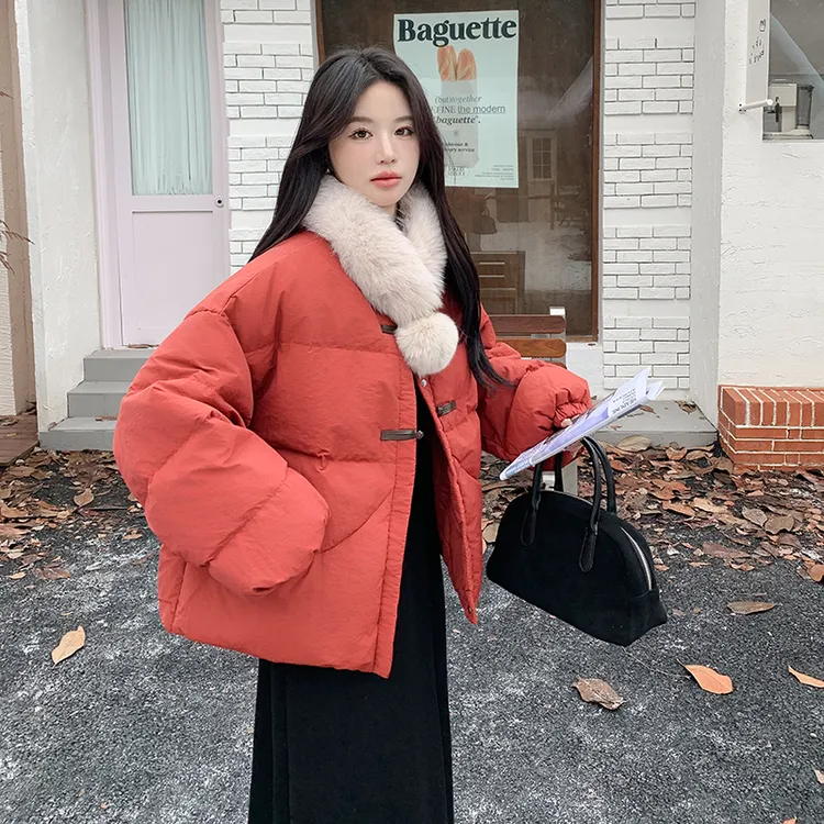 韩版甜美减龄圆领羽绒服女2024年冬季新款显瘦保暖加厚白鸭绒外套