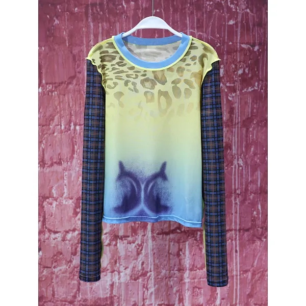 【韩哥女装】夏季鹅黄渐变轻薄上衣印花格纹冰凉感网纱皮肤衣8720