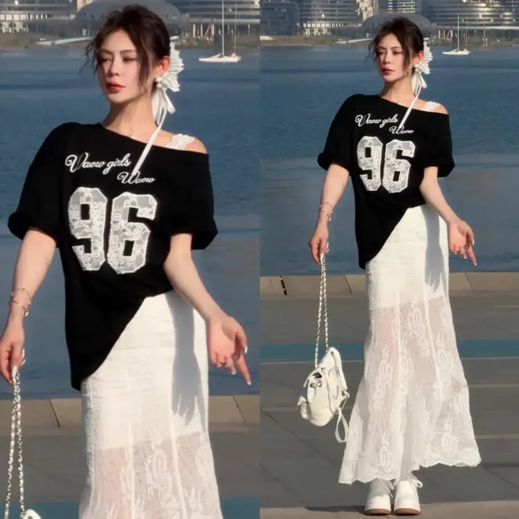 夏日绝美穿搭套装2025新款韩系时尚蕾丝露肩T恤鱼尾半身裙两件套