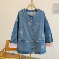 Y3126刺绣袖口翻边圆领牛仔外套