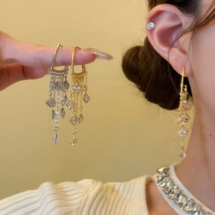 铜合金锆石耳饰 晚宴女主 锆石流苏耳耳环气质千金轻奢高级感耳环