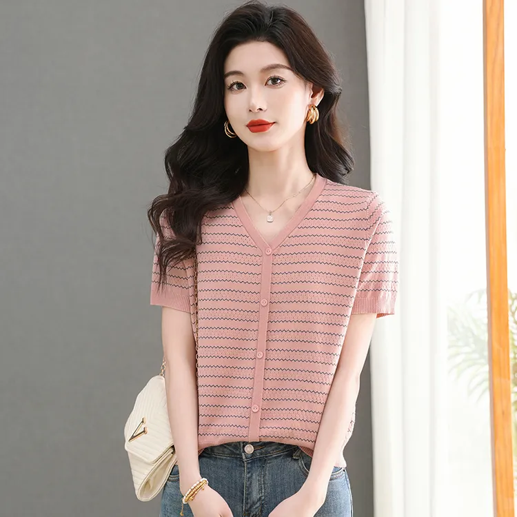 哥弟阿玛施正桑蚕丝V领短袖T恤夏季薄款时尚百搭针织洋气条纹上衣
