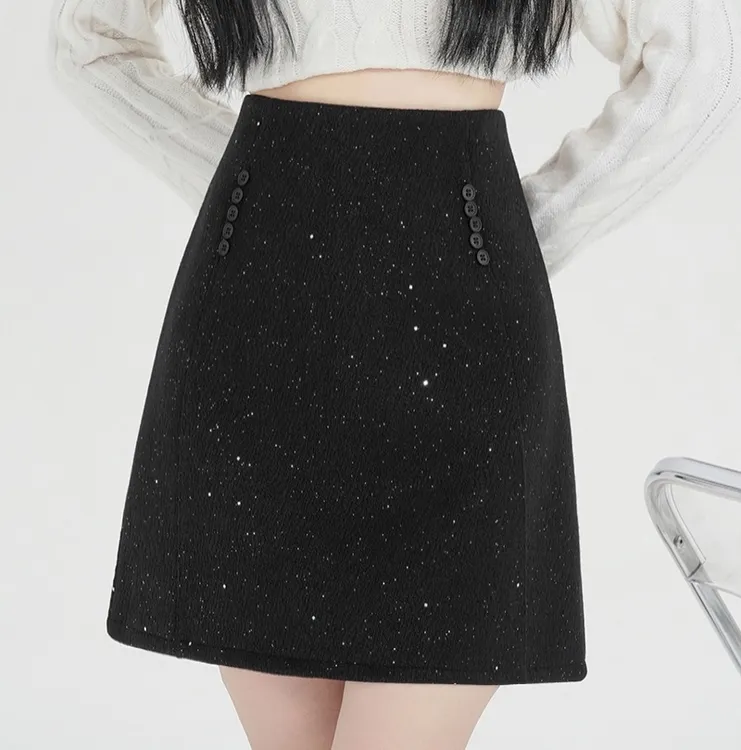 繁星高级毛呢冬日亮片2025秋冬新款高腰遮肚子包臀裙半身裙