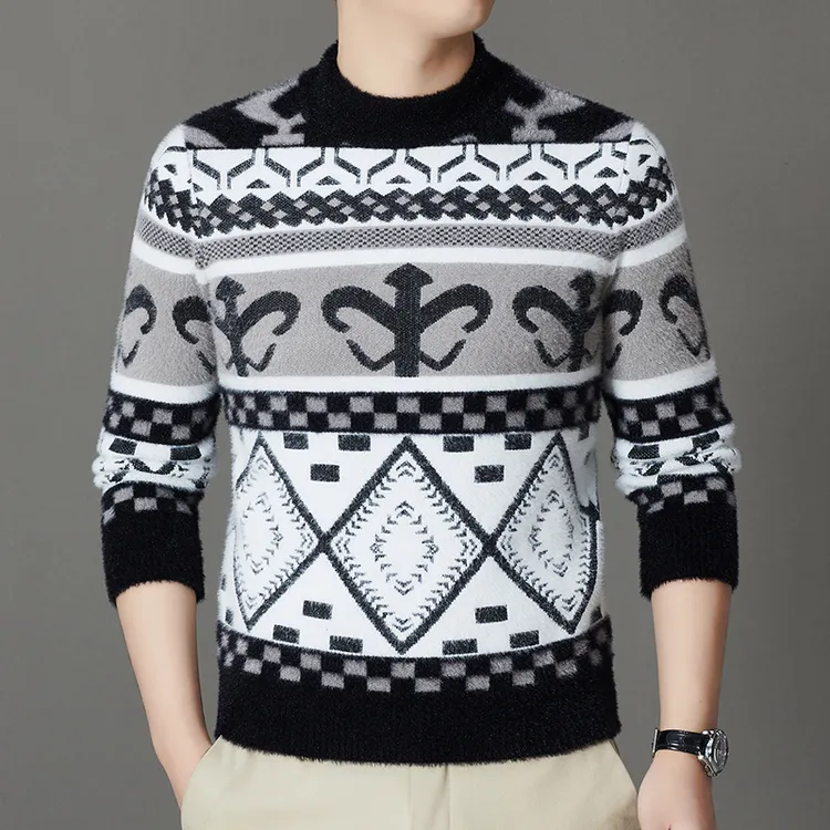 捷迈狮男士半高领仿貂绒毛衣重工提花亲肤保暖休闲百搭针织衫冬季