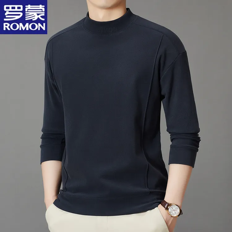 罗蒙秋冬季男士双面绒半高领套头打底衫修身保暖百搭德绒纯色上衣