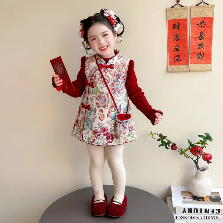 女小童汉服旗袍裙冬装女宝宝新中式国风拜年服儿童加厚背心连衣裙