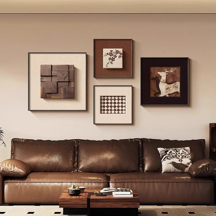 中古风客厅组合装饰画法式复古沙发背景墙壁画高级感轻奢平面挂画