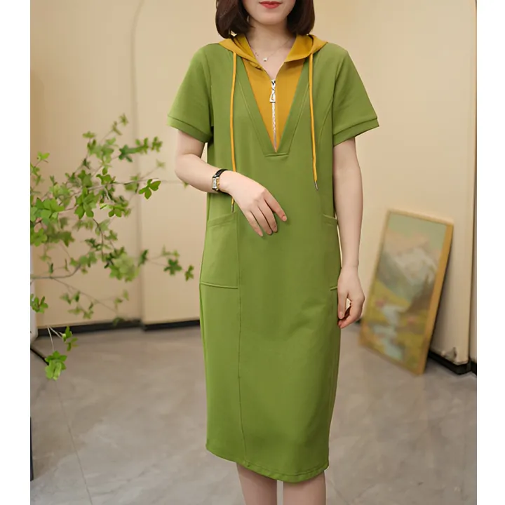 6230夏季新款拼色连帽减龄休闲中长款连衣裙女时尚百搭显瘦裙子