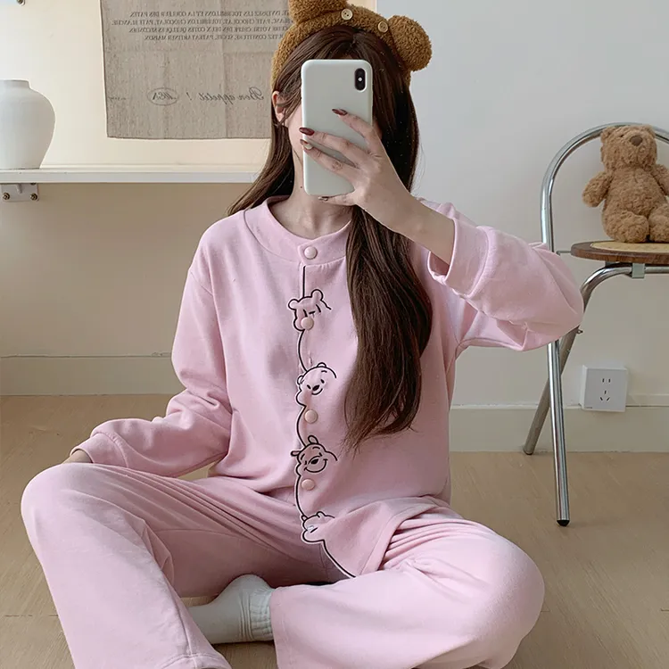 【初沁枫】羊绒可爱卡通开衫睡衣女冬季新款加绒加厚保暖韩版家居服