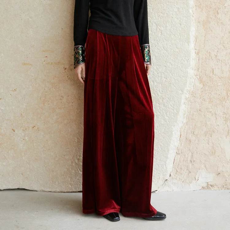 随时anytime 马上有钱花丨腰头撞色团花丨新中式拼接丝绒阔腿裤女