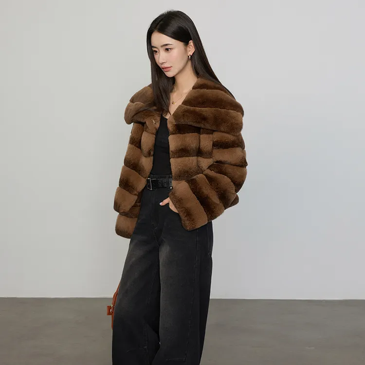 甜豆私服 进口雷克斯獭兔毛皮草外套女短款大翻领毛毛大衣23727-2