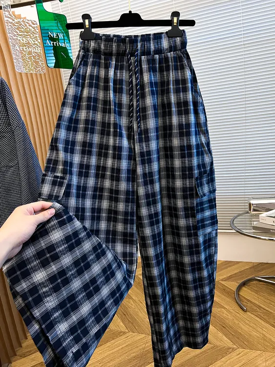 宽松慵懒风格子阔腿裤女春秋季香蕉弯刀裤大码胖mm高腰显瘦休闲裤