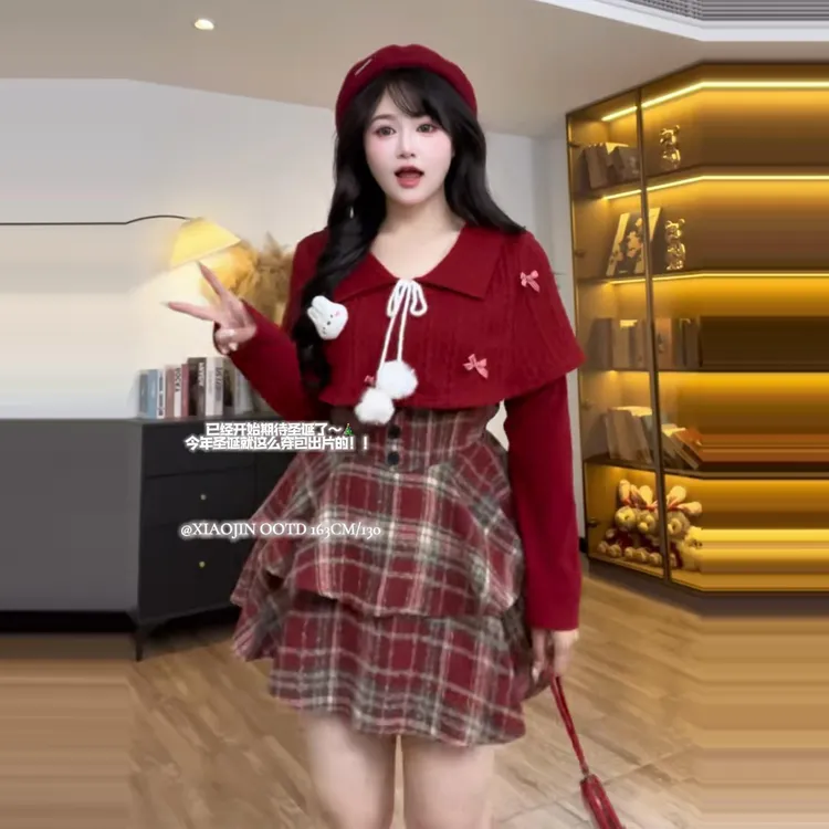 大码胖MM法式甜辣风针织毛衣套装女秋冬上衣格子束腰半身裙两件套