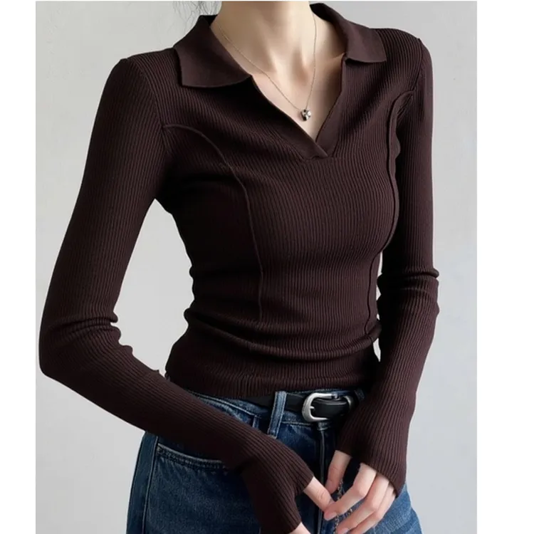 法式复古polo衫翻领针织打底衫女秋冬毛衣内搭高级感气质长袖上衣