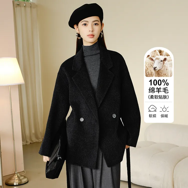 晚白2024冬季新款时尚气质全羊毛外套百搭双面呢大衣女24052201