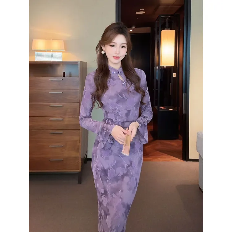 凌茜恣禾【匆匆】国风新中式绿喇叭裙温婉优雅修身显瘦高级感旗袍裙